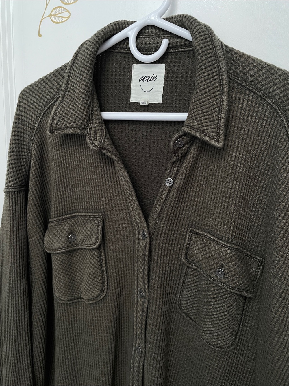 Aerie size M lumber Jane Olive Waffle-Knit Oversized Utility Shirt Jacket - Picture 6 of 10